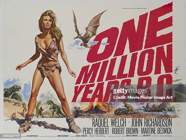British poster for Don Chaffey's 1966 adventure-fantasy, 'One Million Years B.C.', starring, Raquel Welch.
