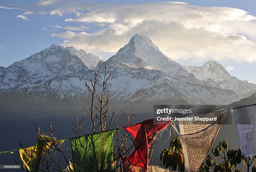 Annapurna Mountains and Buddhist Prayer Flags