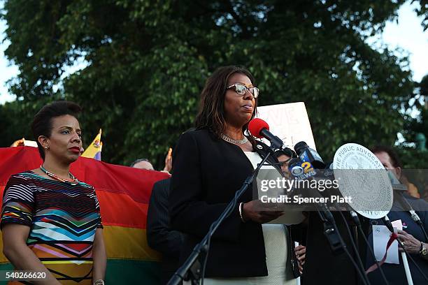 Public Advocate Leticia James speaks at a memorial gathering for those killed in Orlando at Grand Army Plaza on June 14, 2016 in the Brooklyn borough...
