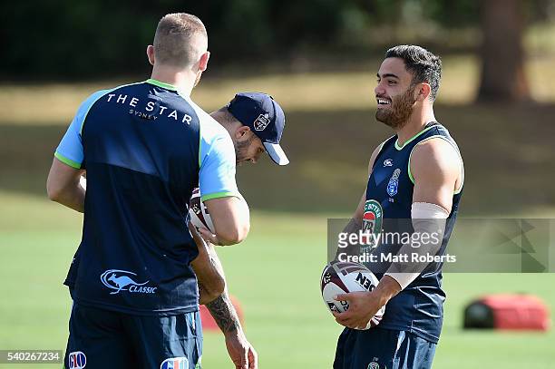 Dylan Walker shares a laugh during a New South Wales Blues State of Origin training session on June 15, 2016 in Coffs Harbour, Australia.
