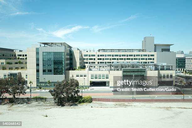 Main building of UCSF Benioff Children's Hospital, with 3rd Street and 16th Street visible, in the Mission Bay neighborhood of San Francisco,...