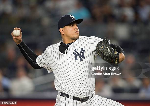 Dellin Betances of the New York Yankees pitches during the game against the Los Angeles Angels of Anaheim at Yankee Stadium on June 7, 2016 in New...