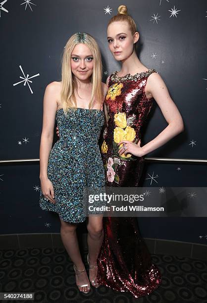 Actresses Dakota Fanning and Elle Fanning attend "The Neon Demon" Los Angeles Premiere at ArcLight Cinemas Cinerama Dome on June 14, 2016 in...