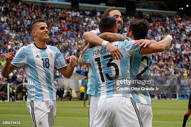 Ezequiel Lavezzi of Argentina celebrates with teammates after scoring a goal against Bolivia during the 2016 Copa America Centenario Group D match at...