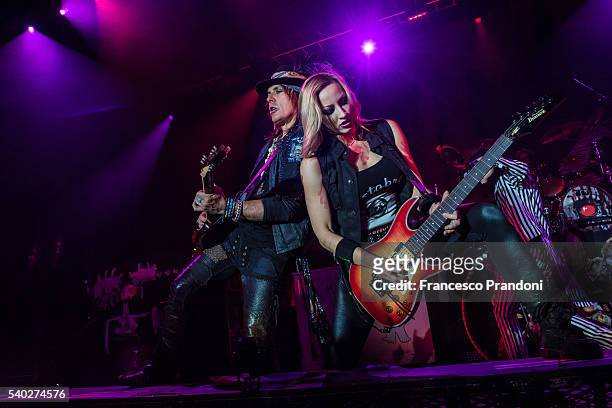Ryan Roxie and Nita Strauss of Alice Cooper's band perform in Milan on June 14, 2016 in Milan, Italy.