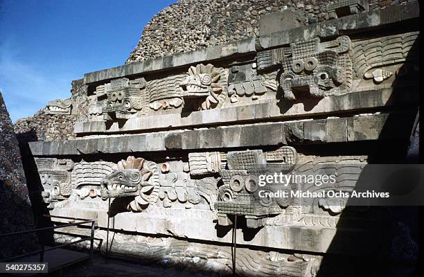 View of Aztec carvings on the Temple of Quetzalcoatl in Teotihuacan, Mexico.