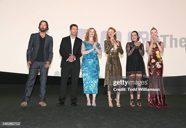 Actors Keanu Reeves, Desmond Harrington, Christina Hendricks, Bella Heathcote, Jena Malone and Elle Fanning speak onstage during "The Neon Demon" Los...