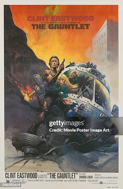 Poster for the 1977 action thriller, 'The Gauntlet', starring Sondra Locke and Clint Eastwood. Eastwood also directed the film.