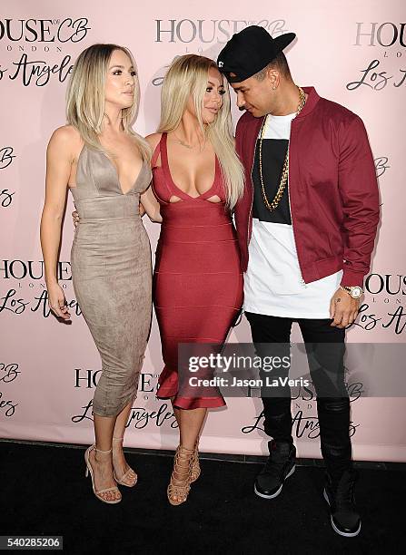 Aubrey O'Day and Shannon Bex of Dumblonde and DJ Pauly D attend the House of CB flagship store launch at House Of CB on June 14, 2016 in West...