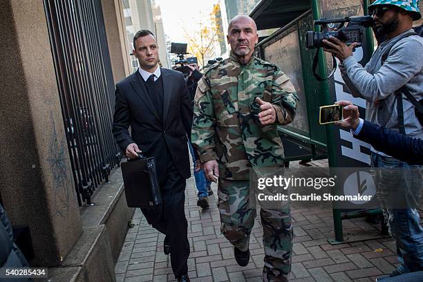 Oscar Pistorius arrives at North Gauteng High Court on June 15, 2016 in Pretoria, South Africa. Having had his conviction upgraded to murder in...