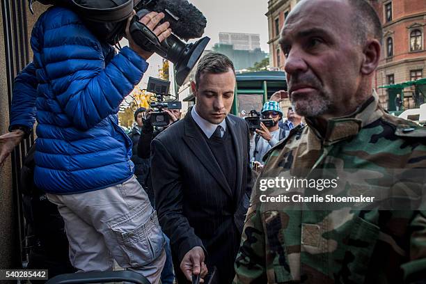 Oscar Pistorius arrives at North Gauteng High Court on June 15, 2016 in Pretoria, South Africa. Having had his conviction upgraded to murder in...