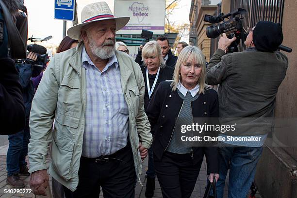 June and Barry Steenkamp arrives on the third day of Oscar Pistorius' hearing for a resentence at North Gauteng High Court on June 15, 2016 in...
