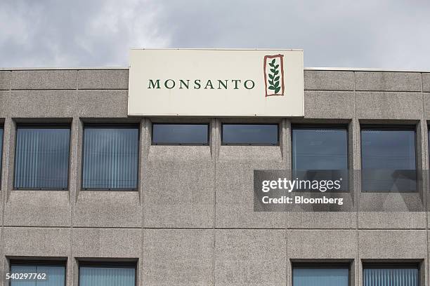 The Monsanto Co. Logo sits on a sign outside the Roundup herbicide manufacturing facility in Antwerp, Belgium, on Tuesday, June 14, 2016. The next...