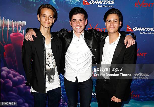 Jacob Delgado, Efan Karpathy and Christopher Lanzon of In Stereo arrive ahead of the Finding Dory Australian Premiere at Event Cinemas George Street...