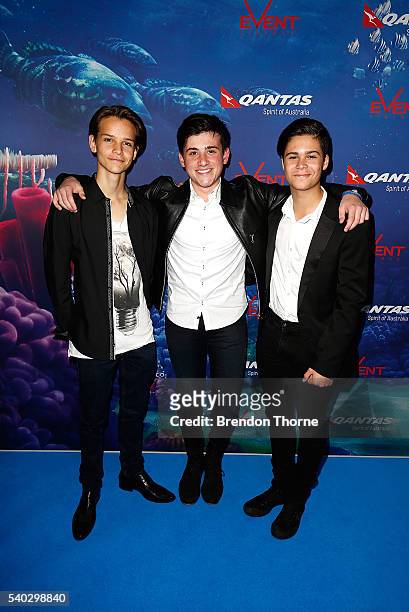 Jacob Delgado, Efan Karpathy and Christopher Lanzon of In Stereo arrive ahead of the Finding Dory Australian Premiere at Event Cinemas George Street...