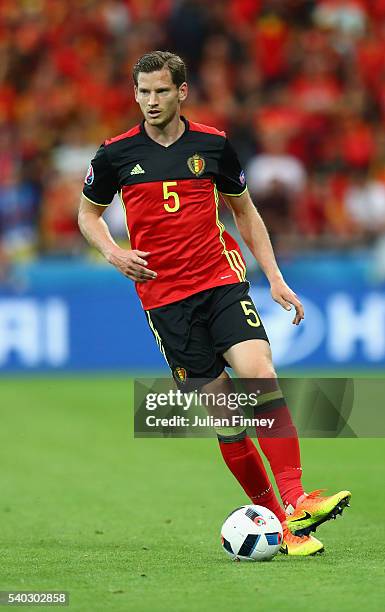 Jan Vertonghen of Belgium in action during the UEFA EURO 2016 Group E match between Belgium and Italy at Stade des Lumieres on June 13, 2016 in Lyon,...