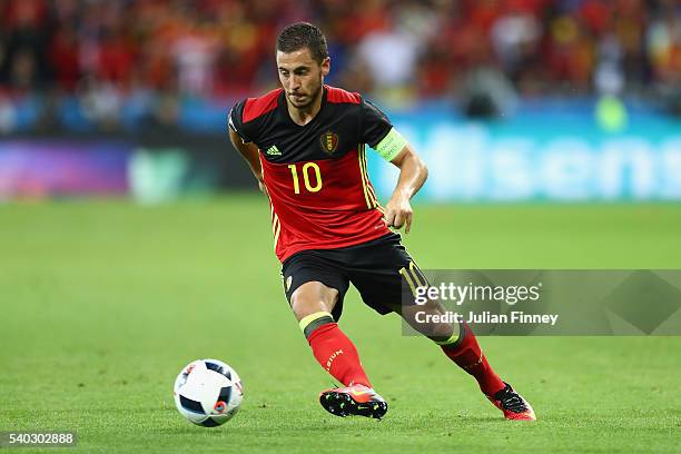 Eden Hazard of Belgium in action during the UEFA EURO 2016 Group E match between Belgium and Italy at Stade des Lumieres on June 13, 2016 in Lyon,...