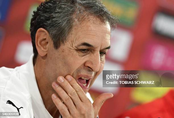 Austria's coach Marcel Koller gestures during a press conference at their training ground in Mallemort, on June 15 during the Euro 2016 football...