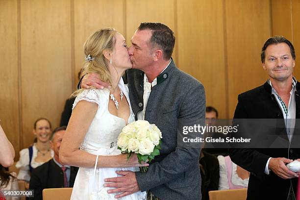 Bride Renata Kochta, wearing a Dirndl by Astrid Soell and her husband Thomas Frank during the wedding of Renata Kochta and Thomas Frank at the...