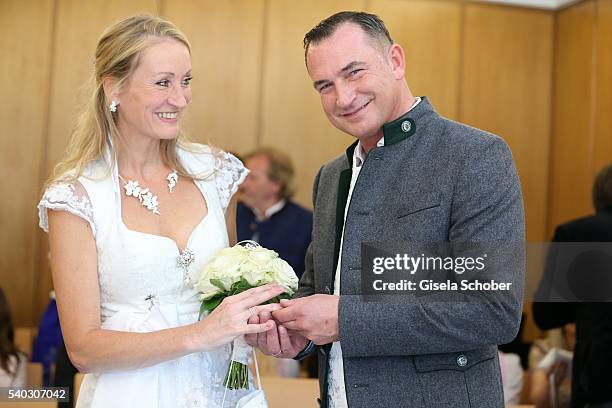 Bride Renata Kochta, wearing a Dirndl by Astrid Soell and her husband Thomas Frank during the wedding of Renata Kochta and Thomas Frank at the...