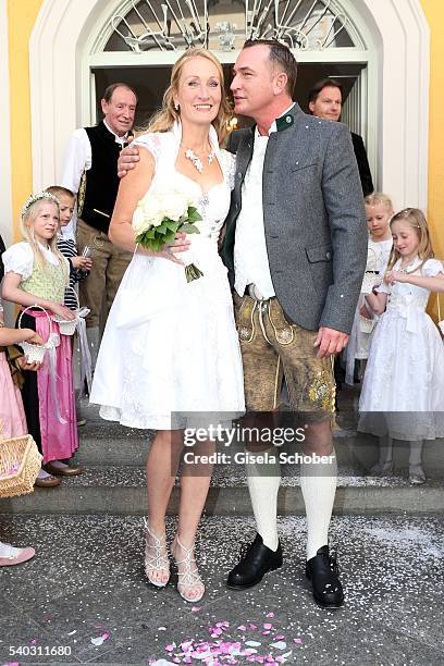 Bride Renata Kochta, wearing a Dirndl by Astrid Soell and her husband Thomas Frank during the wedding of Renata Kochta and Thomas Frank at the...