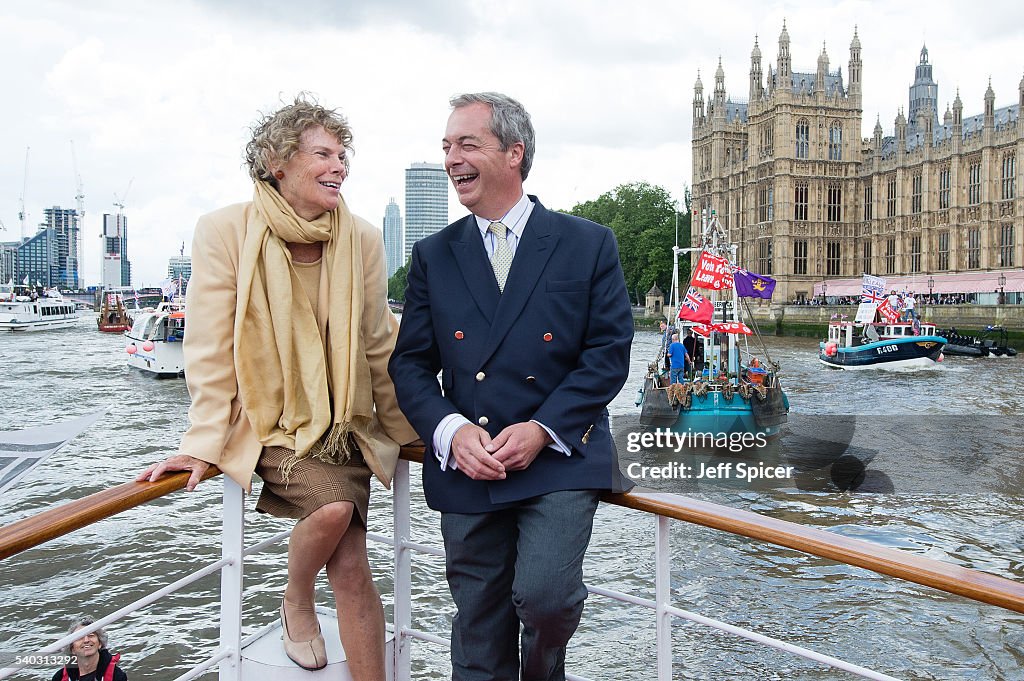 Nigel Farage Joins Fishing For Leave On A Flotilla Down The Thames