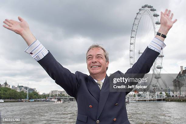 Nigel Farage, leader of the UK Independence Party shows his support for the 'Leave' campaign for the upcoming EU Referendum aboard a boat on the...
