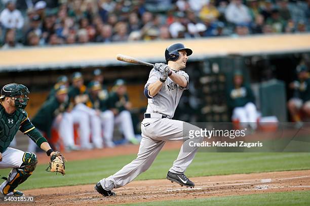 Dustin Ackley of the New York Yankees bats during the game against the Oakland Athletics at the Oakland Coliseum on May 19, 2016 in Oakland,...