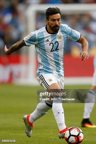 Ezequiel Lavezzi of Argentina drives the ball during a group D match between Argentina and Bolivia at CenturyLink Field as part of Copa America...