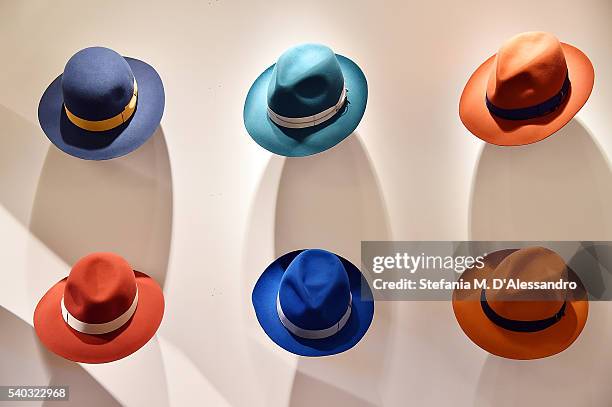 Borsalino creations are displayed during 90. Pitti Immagine Uomo held at Fortezza Da Basso on June 15, 2016 in Florence, Italy.