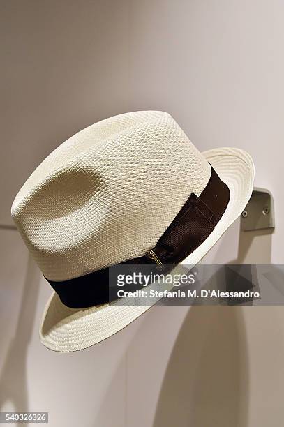 Borsalino creations are displayed during 90. Pitti Immagine Uomo held at Fortezza Da Basso on June 15, 2016 in Florence, Italy.