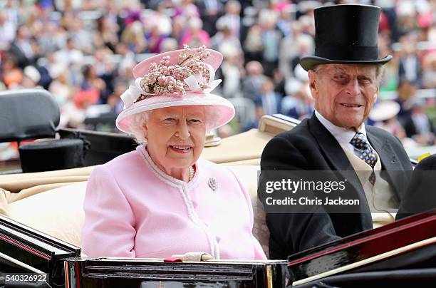 Queen Elizabeth II and Prince Philip, Duke of Edinburgh attend the second day of Royal Ascot at Ascot Racecourse on June 15, 2016 in Ascot, England.