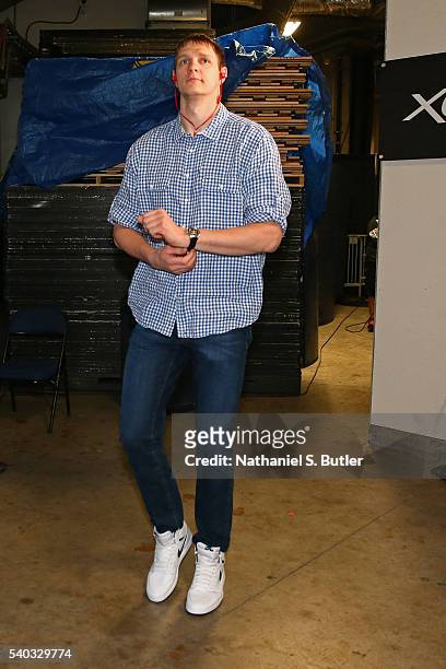 Timofey Mozgov of the Cleveland Cavaliers arrives before Game Five of the 2016 NBA Finals against the Golden State Warriors on June 13, 2016 at...