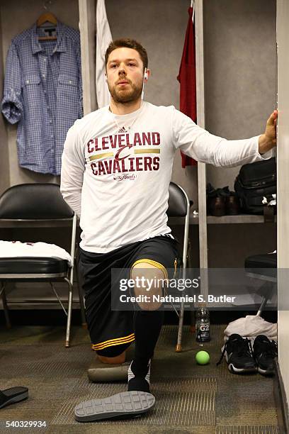 Matthew Dellavedova of the Cleveland Cavaliers stretches before Game Five of the 2016 NBA Finals against the Golden State Warriors on June 13, 2016...