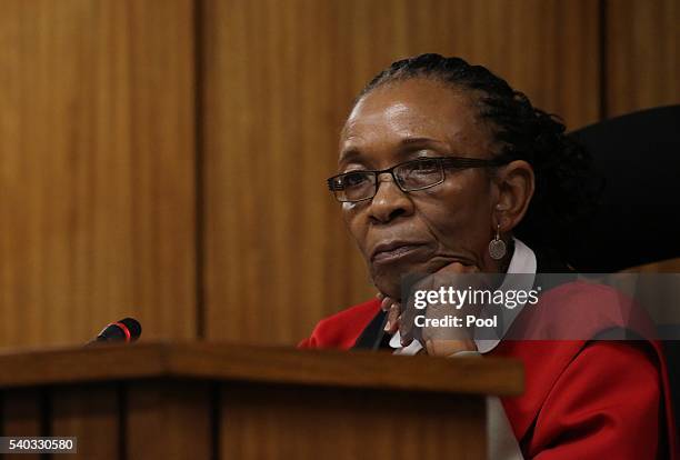 Judge Thokozile Masipa looks on during the third day of Oscar Pistorius' resentencing hearing at Pretoria High Court on June 15, 2016 in Pretoria,...