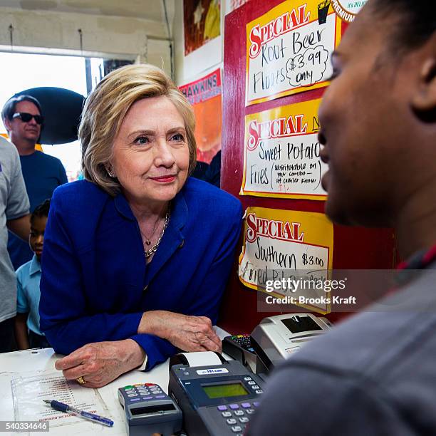 Democratic presidential candidate Hillary Clinton stops by Hawkins House of Burgers, June 6, 2016 in Watts, CA