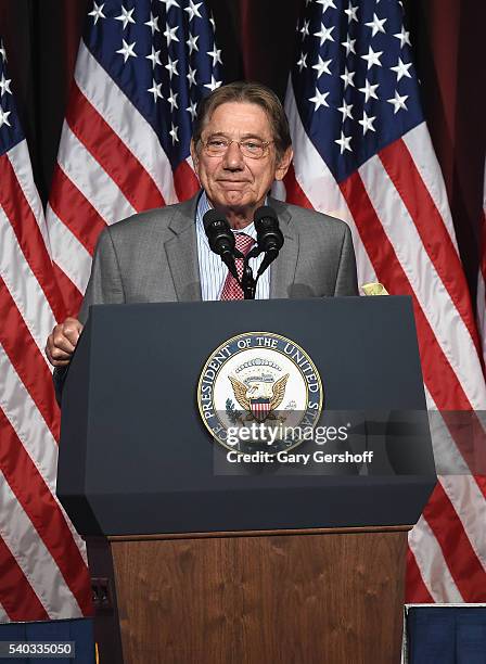 Former NY Jet and Pro Football Hall of Fame quarterback, event honoree Joe Namath speaks on stage during the 75th Annual Father Of The Year Awards...