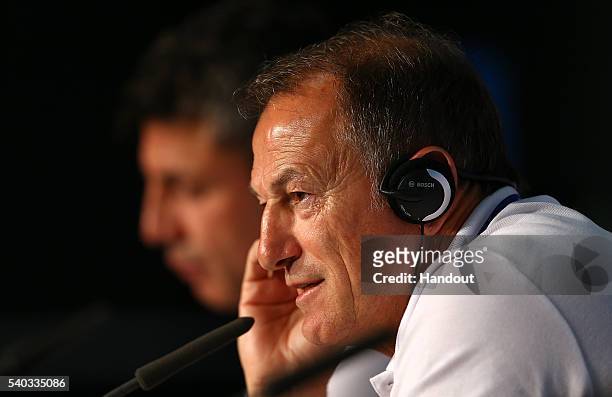In this handout image provided by UEFA, head coach of Albania Gianni De Biasi faces the media during the Albania Press Conference at Stade Velodrome...