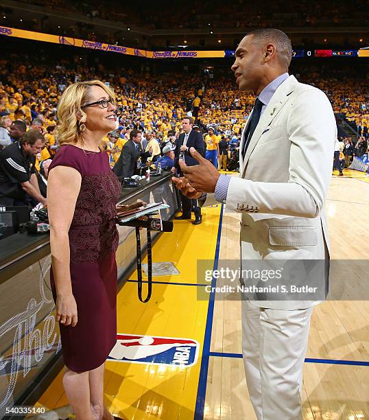 Analyst, Doris Burke talks to former NBA player, Grant Hill before Game Five of the 2016 NBA Finals between the Cleveland Cavaliers and the Golden...