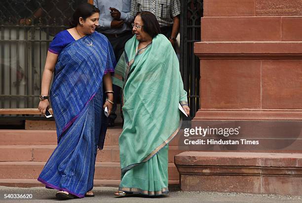 Union Minister of Human Resource Development Smriti Irani and Union Minister for Minority Affairs Najma Heptullah coming out after Cabinet Meeting at...