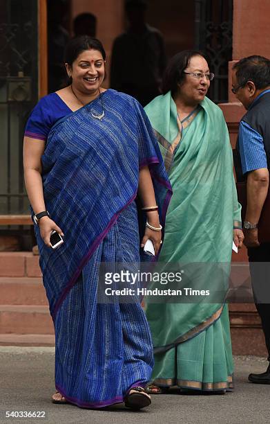 Union Minister of Human Resource Development Smriti Irani and Union Minister for Minority Affairs Najma Heptullah coming out after Cabinet Meeting at...