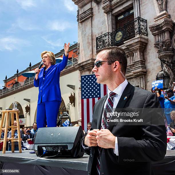 Democratic presidential candidate Hillary Clinton attends a campaign rally at La Fachada Plaza Mexico as Secret Service watch, June 6, 2016 in...