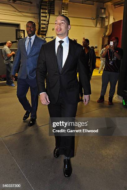 Tyronn Lue of the Cleveland Cavaliers arrives before Game Four of the 2016 NBA Finals against the Golden State Warriors at The Quicken Loans Arena on...