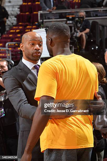 Vince Carter of the Memphis Grizzlies talks to Draymond Green of the Golden State Warriors before Game Four of the 2016 NBA Finals against the...