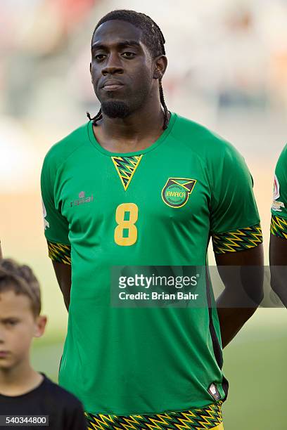 Clayton Donaldson of Jamaica waits for the national anthem before a group C match between Uruguay and Jamaica at Levi's Stadium as part of Copa...