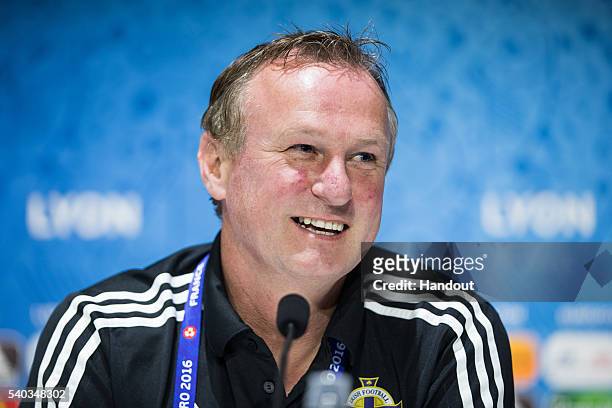 In this handout image provided by UEFA, Head coach Michael O'Neill of Northern Ireland attends a press conference on June 15, 2016 in...