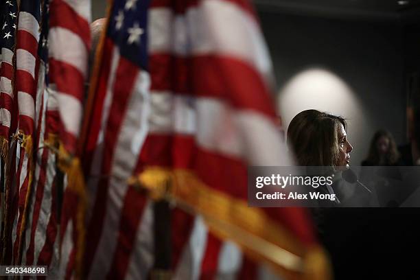 House Minority Leader Rep. Nancy Pelosi speaks during a news briefing after a caucus meeting June 15, 2016 on Capitol Hill in Washington, DC. House...