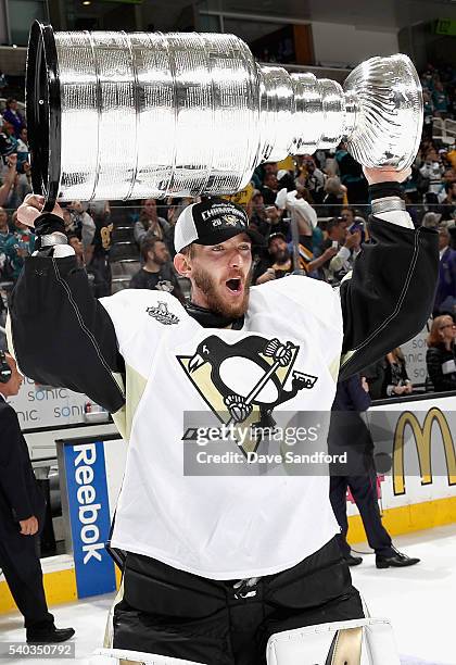 Goaltender Matt Murray of the Pittsburgh Penguins celebrates with the Stanley Cup after the Penguins won Game 6 of the 2016 NHL Stanley Cup Final...