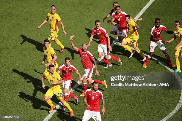 Valon Behrami of Switzerland appeals for the ball during the UEFA EURO 2016 Group A match between Romania and Switzerland at Parc des Princes on June...