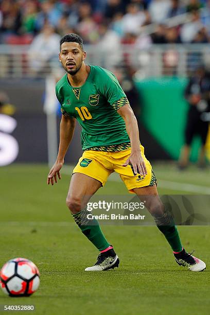 Joel McAnuff of Jamaica goes for the ball during a group C match between Uruguay and Jamaica at Levi's Stadium as part of Copa America Centenario US...